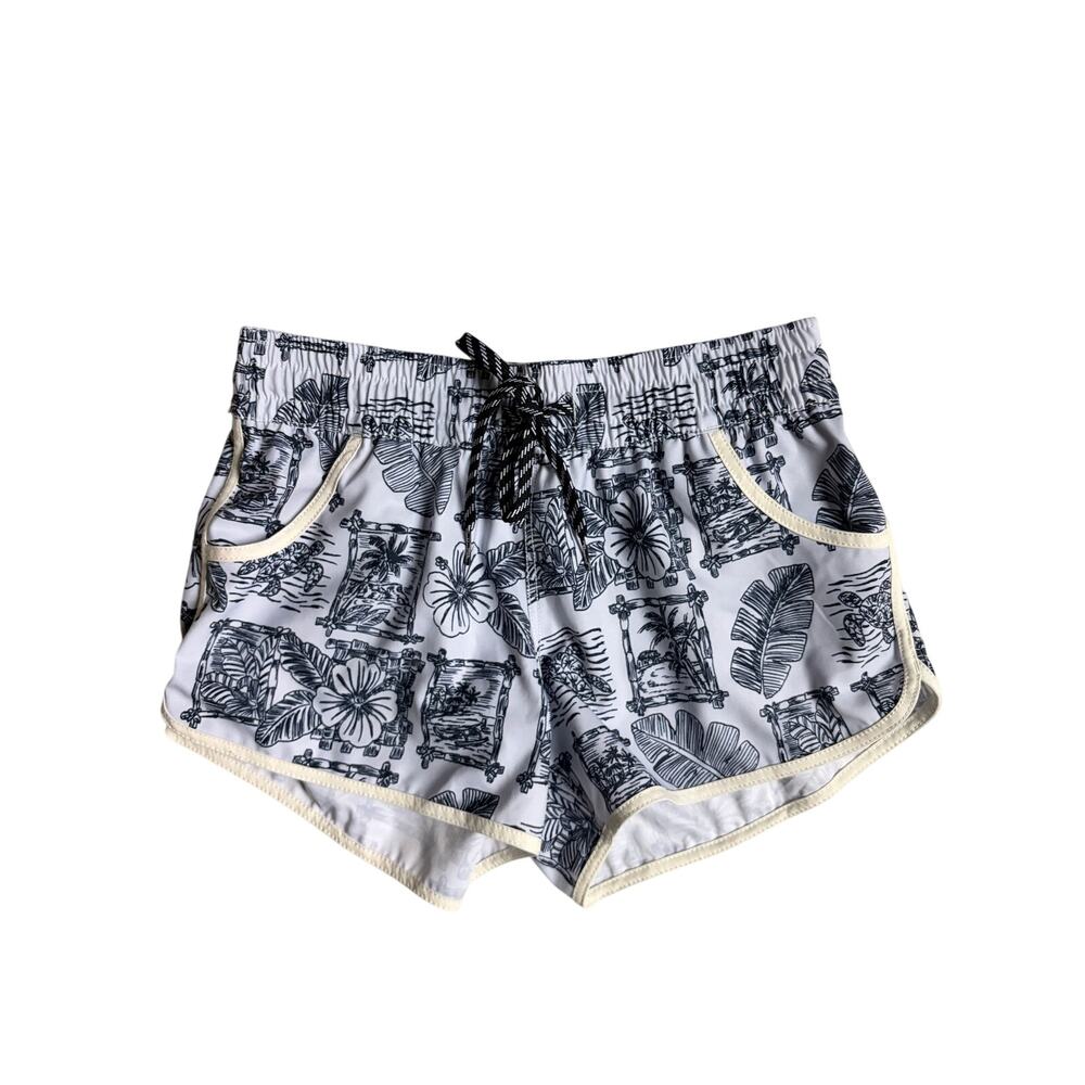 Favant Women's Tropical Print Drawstring Shorts (Navy & White) - Medium